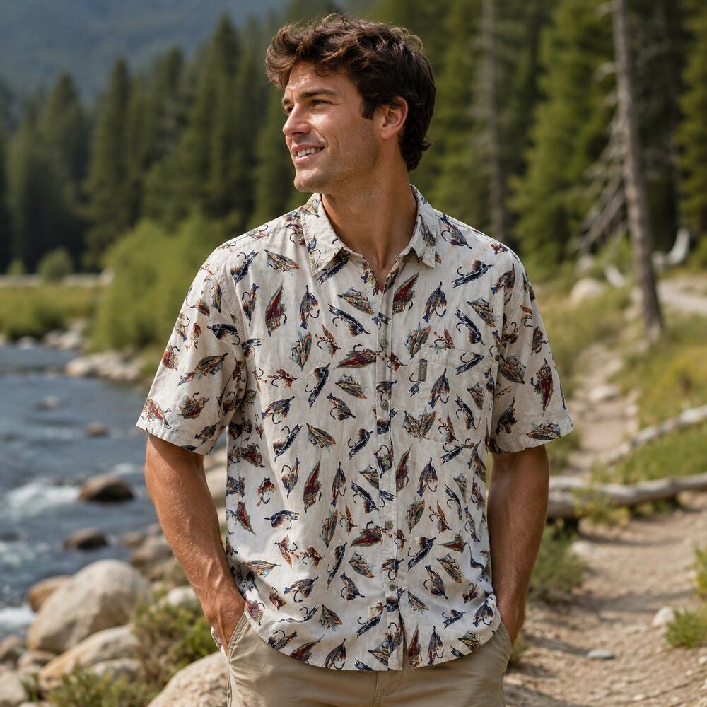 Columbia sportswear fly fishing lure print button up shirt cotton Large outdoor
